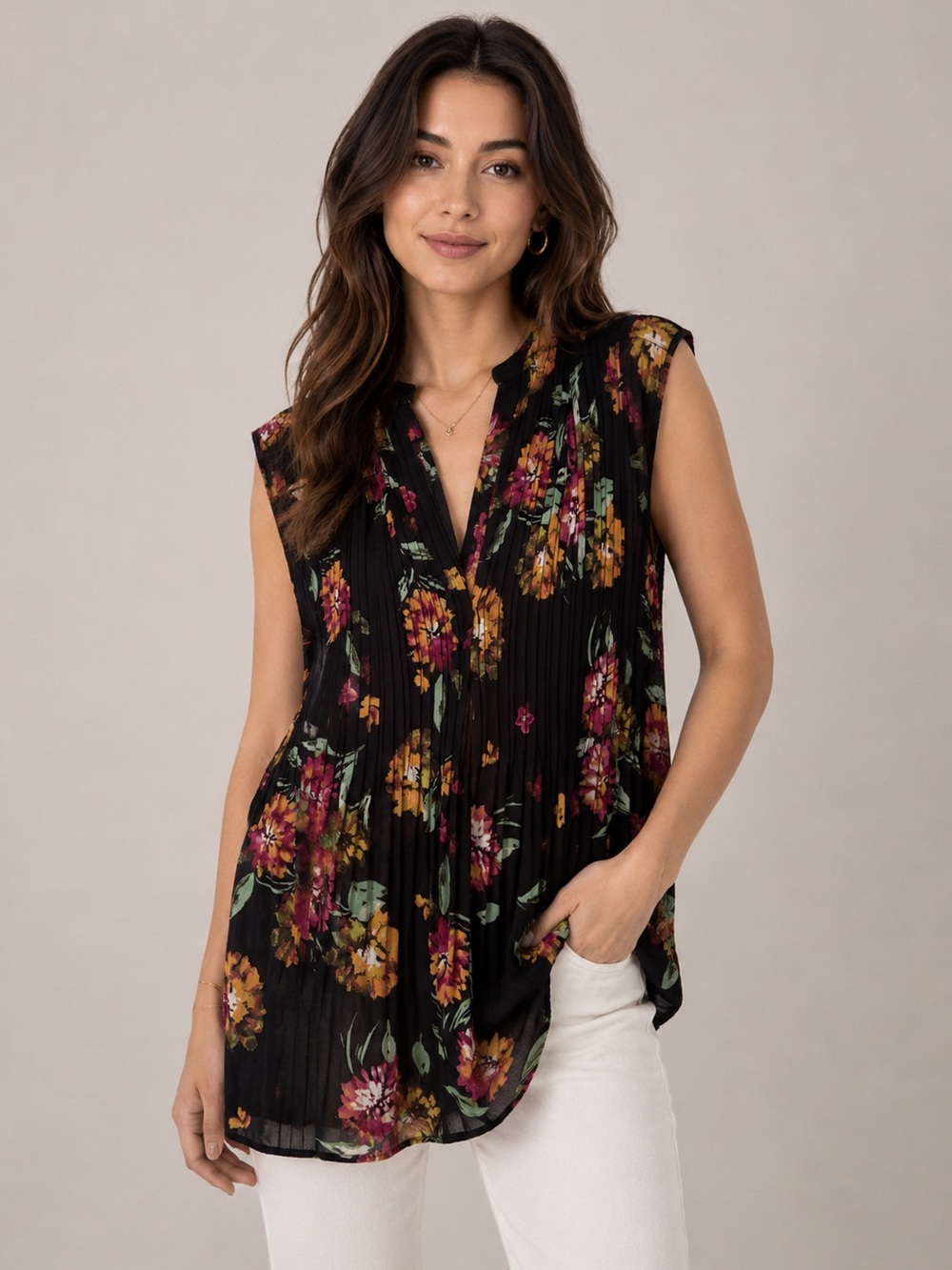 Ninety Black Floral  V-Neck Sleeveless Blouse